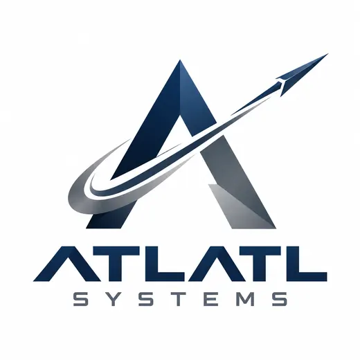 Atlatl Systems original emblem, an angular navy A crossed by a sweeping spear trajectory, with ATLATL SYSTEMS wordmark